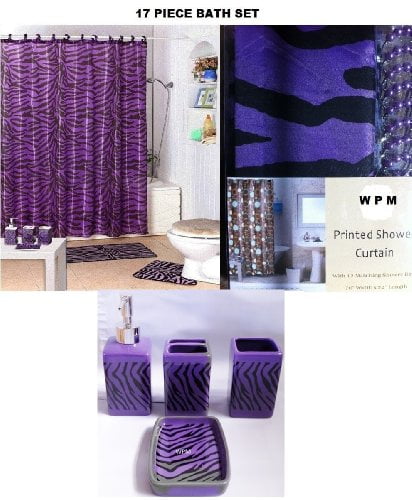 17 Piece Bath Accessory Set- Purple Zebra Shower Curtain with Decorative Rings + Bathroom... by