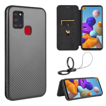 Dteck Folio Case For Samsung Galaxy A21s with Portable Stand Magnetic Adsorption Closure Slim Fit Carbon Fiber Plastic Flip Case TPU Inner Protective Cover Black
