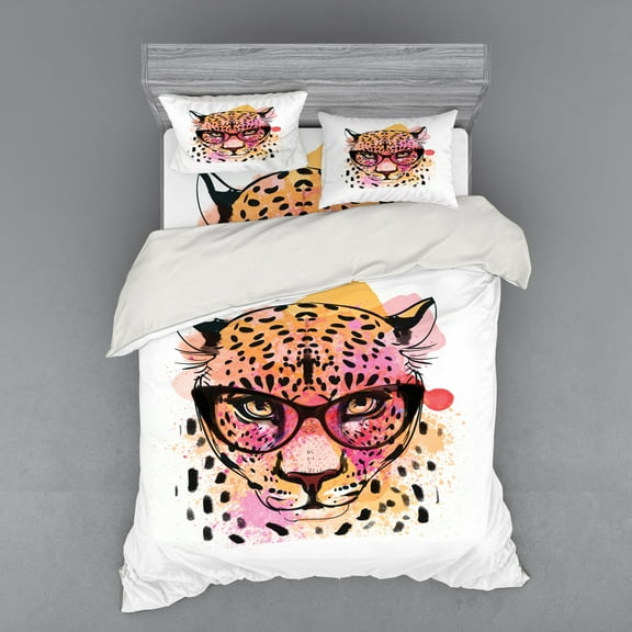 Ambesonne Animal Bedding Set 4 Pcs, Modern Hipster Leopard, Queen, Orange Brown Pink