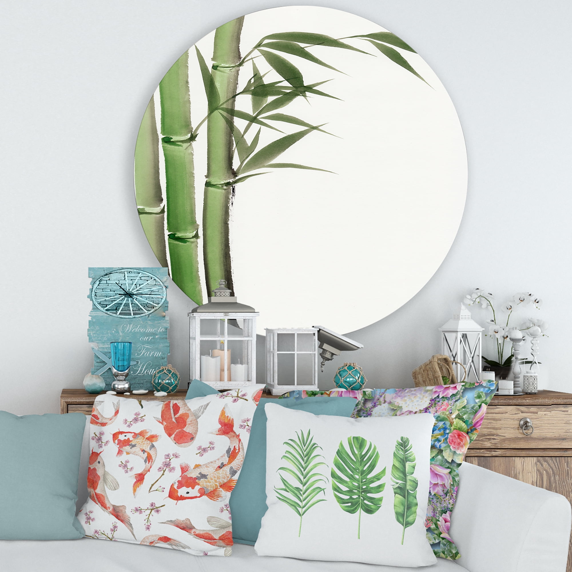 Designart 'Detail of Dark Green Bamboo and Leaves IV' Traditional Circle Metal Wall Art 36x36 - Disc of 36