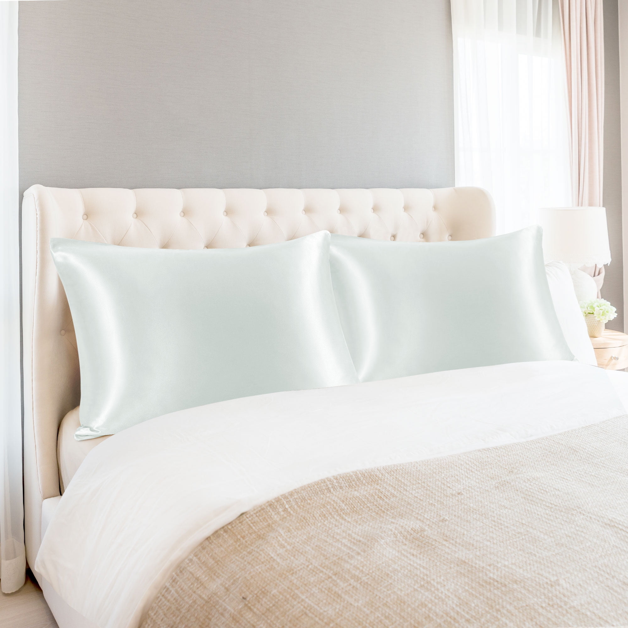 Unique Bargains Set of 2 Durable Soft Enveloped Closure Satin Pillowcase Light Gray King(20"x36"）