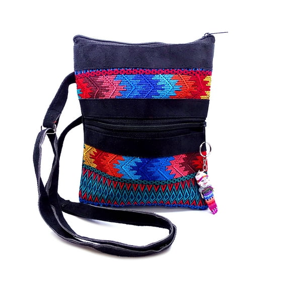 Multicolored Tribal Huipil Embroidered Vegan Leather Suede Slim Purse Crossbody Bag - Women Fashion Handmade Boho Accessories