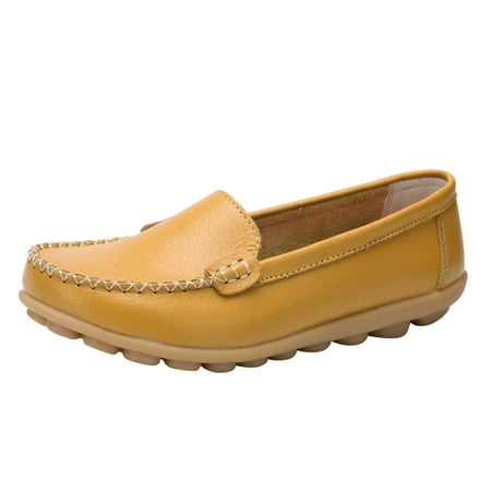 Caqnni Women Leather Round Toe Flat Loafers  Non-Slip Breathable Walking Shoes Loafers Casual Shoes Loafers for Women 2024 (8.5 Z02-Yellow)