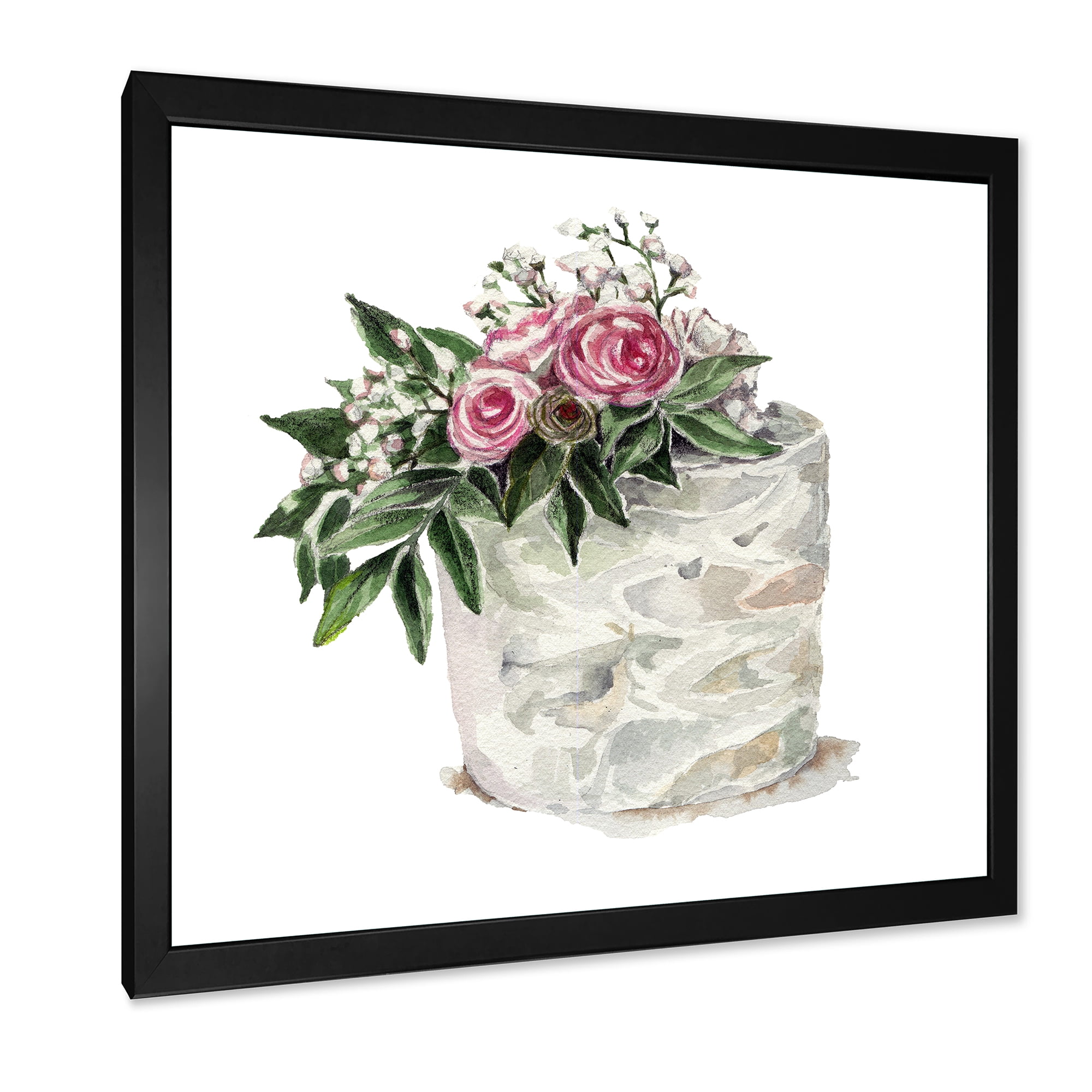 Designart 'White Flowers and Pink Roses On Cake' Traditional Framed Art Print