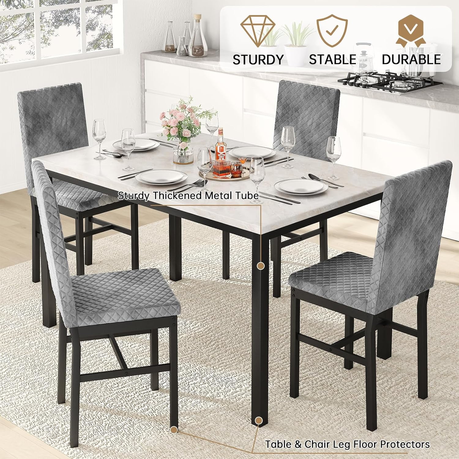 Dining table set for 4, marble kitchen table set with 4 diamond-shaped velvet dining chairs for small spaces, apartments, breakfast corners, kitchens and dining rooms (white/gray)