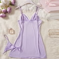 thumbnail image 4 of JSGEK Women Contrast Lace Trim Chemise Dress and Thong Set Adjustable Spaghetti Straps Nightwear Lingerie Set Purple M, 4 of 8
