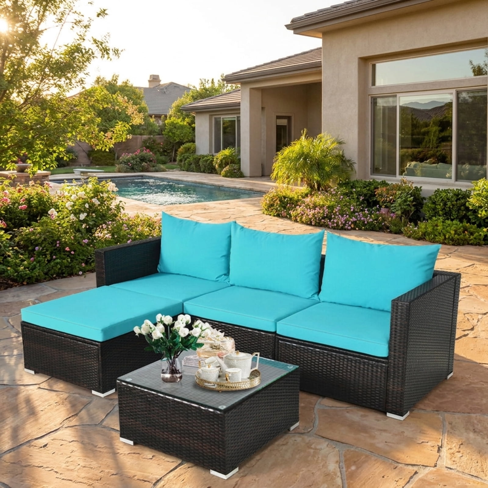 Biotree Patio Furniture Set 5 Pieces Rattan Outdoor Sectional Conversation Set with Ottoman and Coffee Table for Garden Backyard Porch, Turquoise