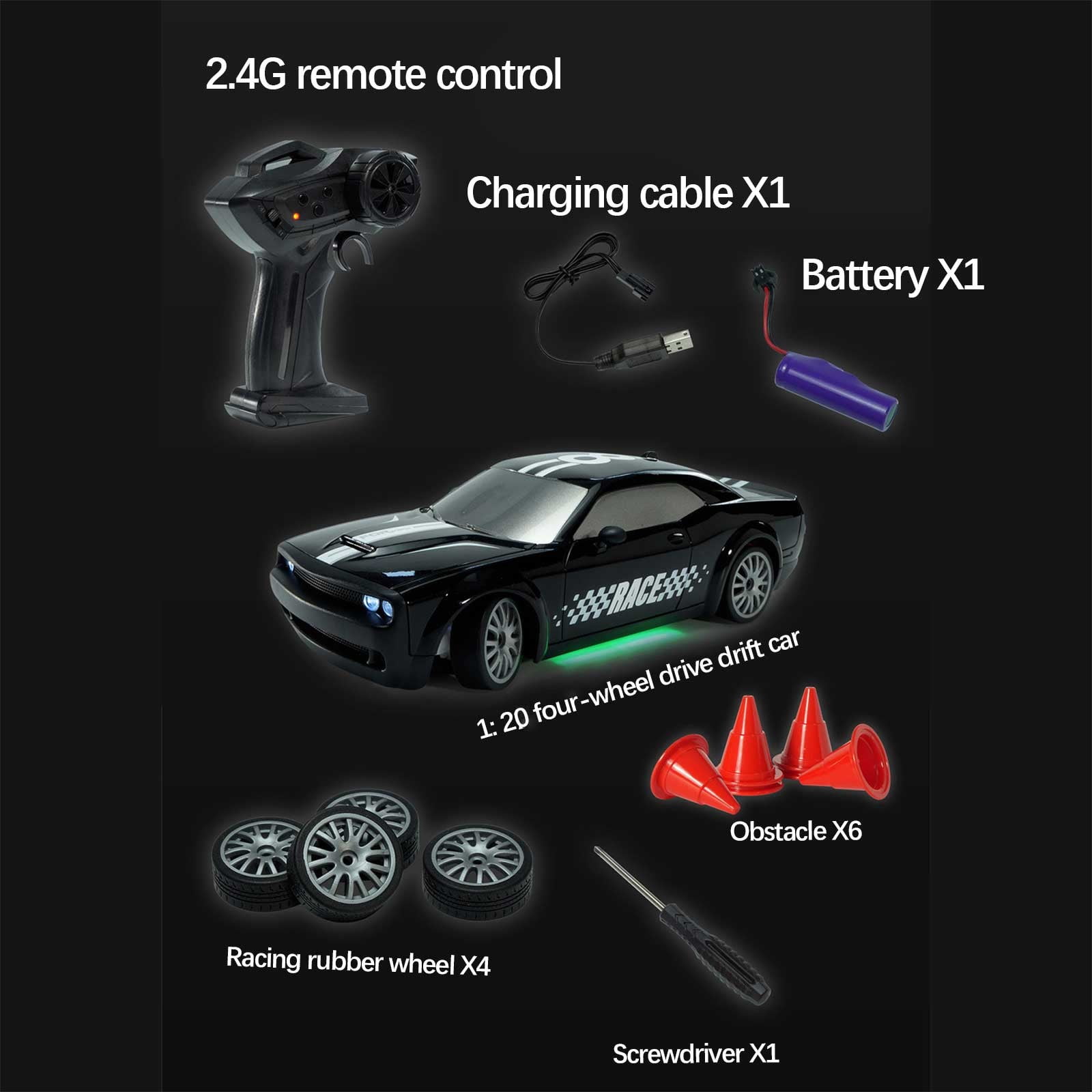 ​1:20 Scale RC Drift Car - 2.4GHz 4WD, 20KM/H High Speed, Rechargeable, LED Lights & Drift Tires (Remote Control Racing Car)​​ C