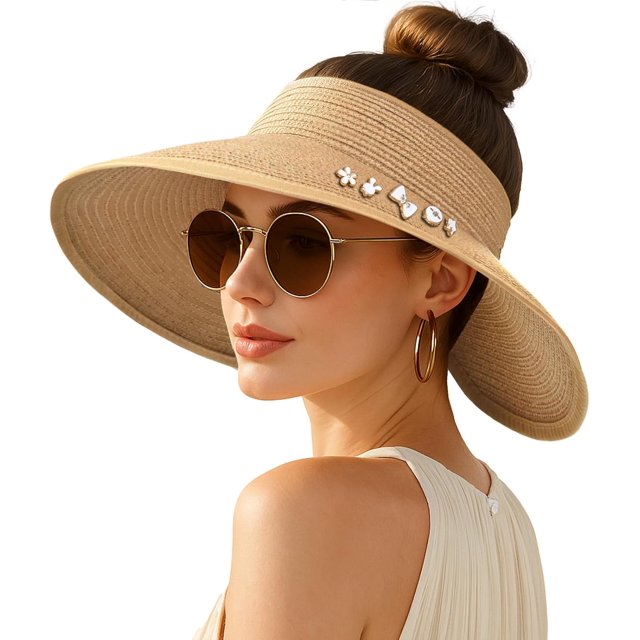 Women's Sun Visor Hats Wide Brim Straw Beach Hat Ponytail Hats for Women Foldable Floppy