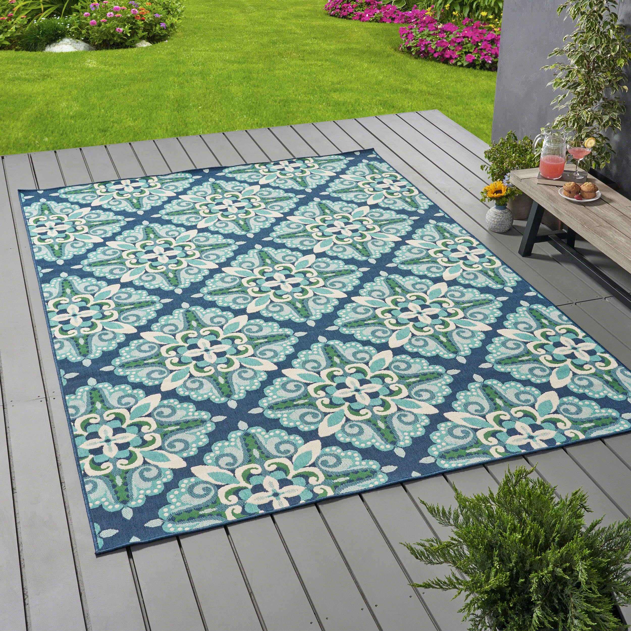 GDF Studio Sage Outdoor Floral 8' x 11' Area Rug, Blue and Green