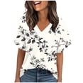 thumbnail image 2 of Xuyuer Womens Tops Trendy Puff Short Sleeve Shirts Dressy　Henley V-Neck Summer Tops Pleated T-Shirts Loose Fit Tunic Blouses, 2 of 5