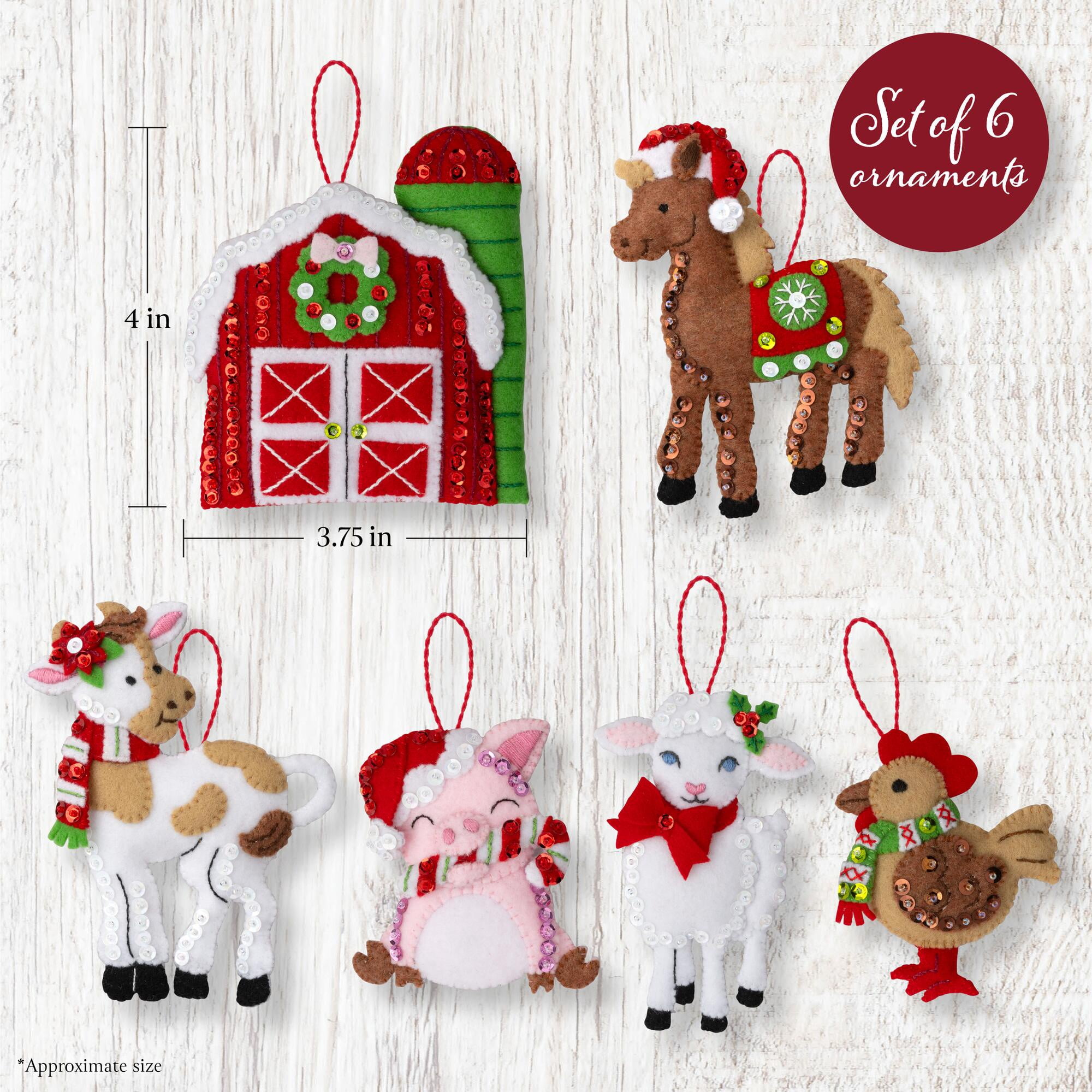 Bucilla Santa's Barnyard Cheer 6 Count Felt Applique Ornament Kit, 3.75 x 4 in