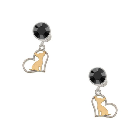 Delight Jewelry Two-tone Chihuahua Silhouette Heart Black Crystal Clip on Earrings