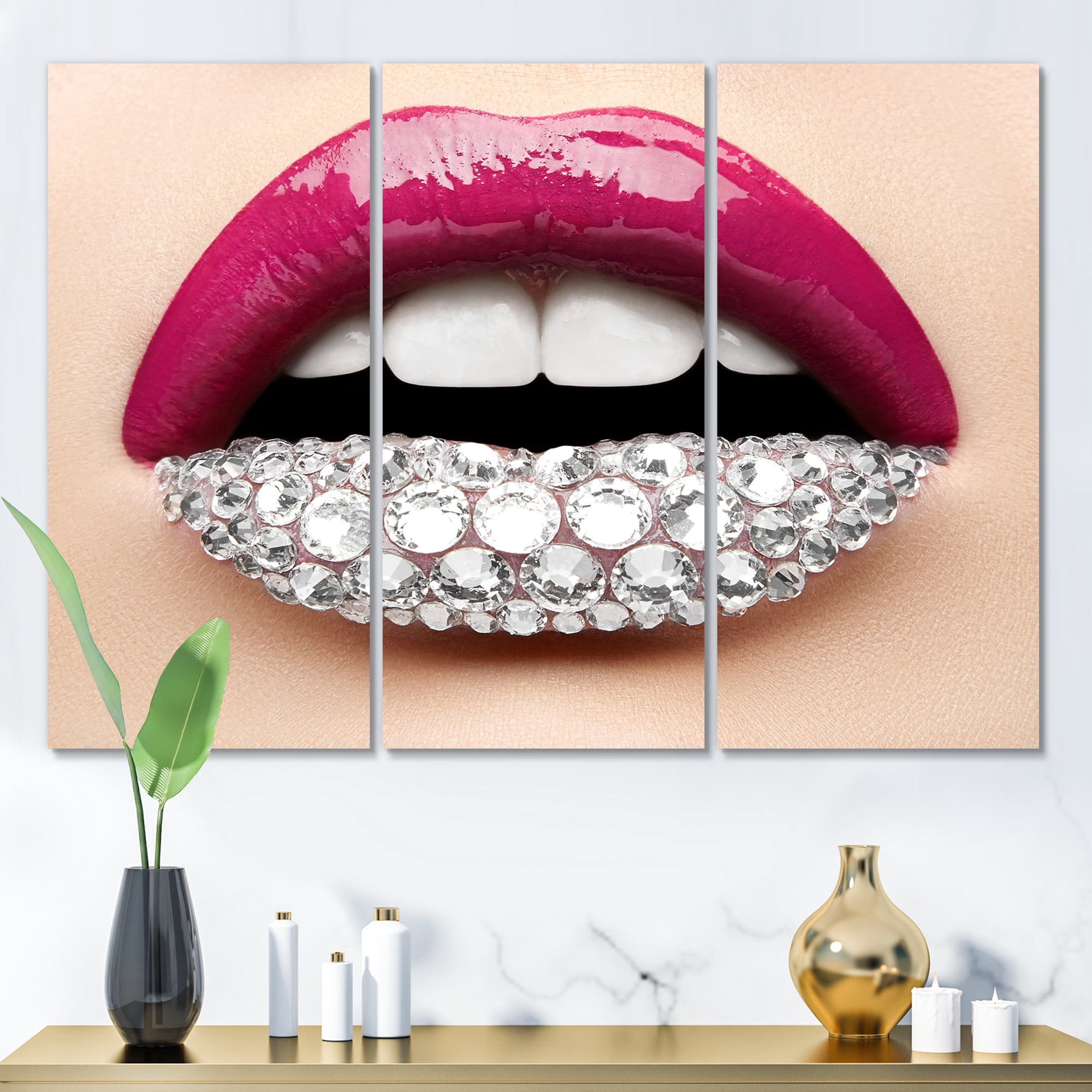 Designart ' Girl Lips With Pink Lipstick White Diamonds ' Modern Canvas Wall Art Print