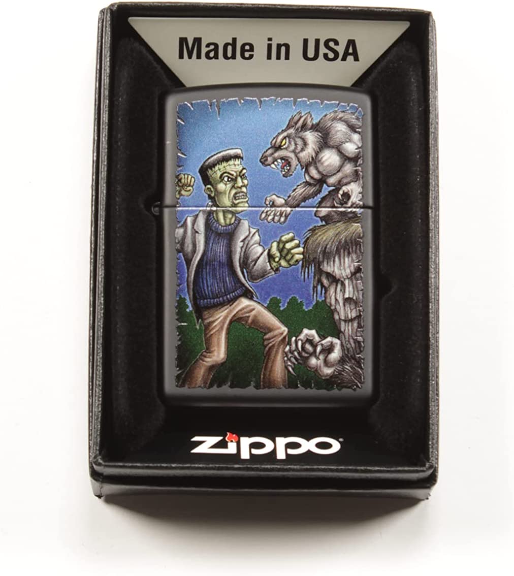 Horror Monsters Frankenstein vs Werewolf Fight Black Matte Zippo