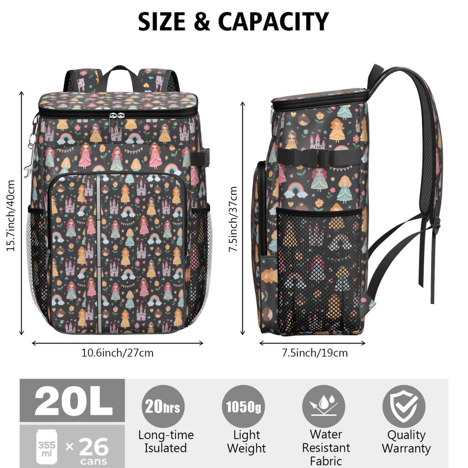 Travel Cooler Bag - Black Princess Castle Rainbow Pattern Camping Beer Cooler Backpack with Bottle Opener- Waterproof Insulated Picnic Backpacks - Cooler Bag for Beach