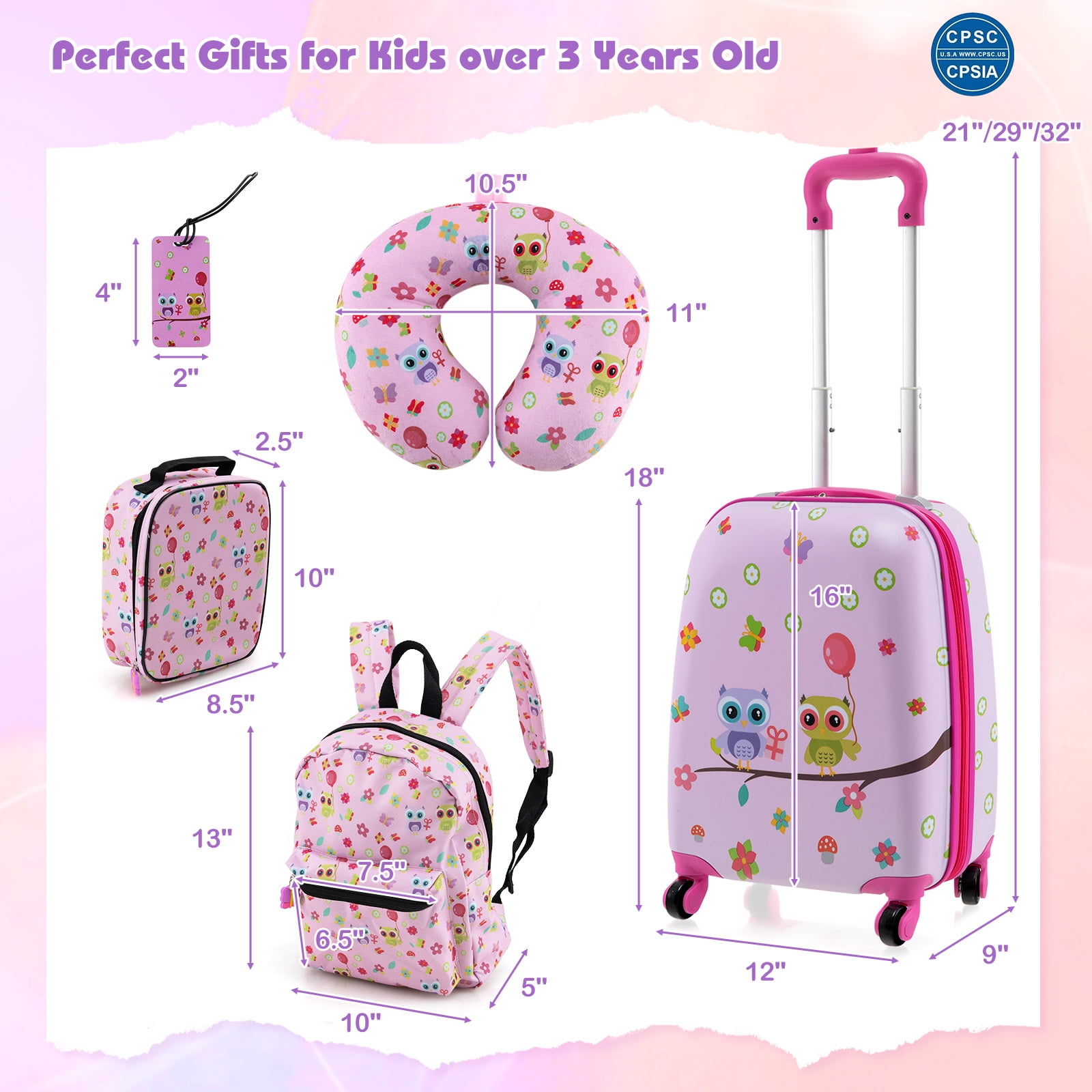 Infans 5 PCS Kids Luggage Set w/ Backpack Neck Pillow Luggage Tag Lunch Bag Wheels