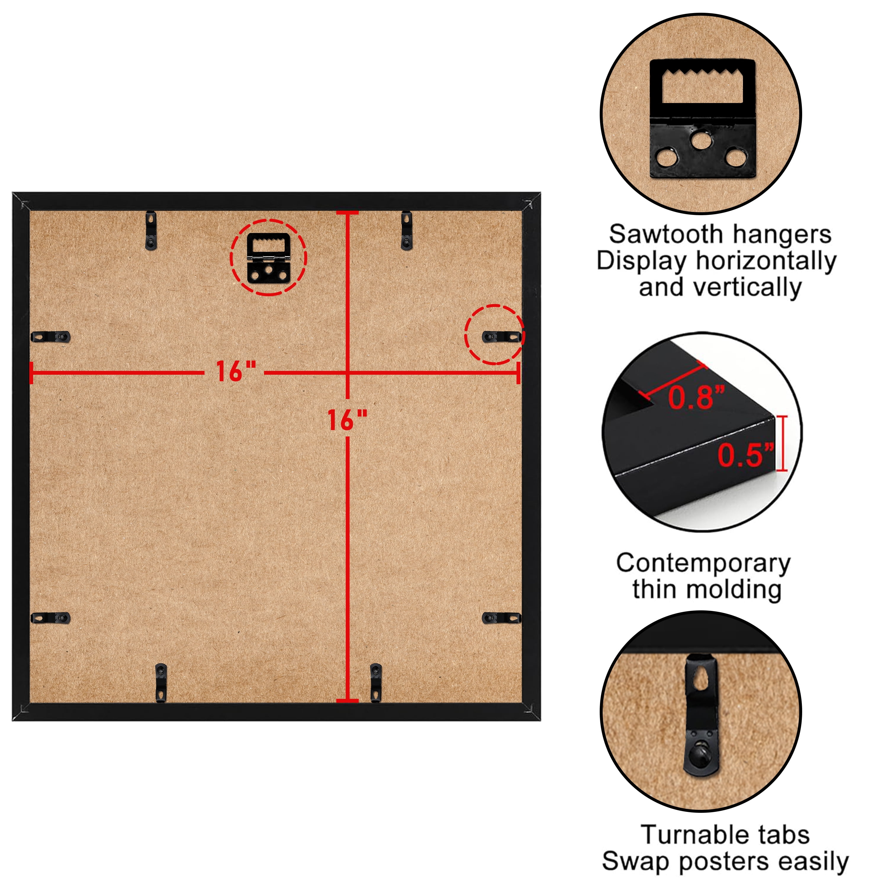 ELSKER&HOME 16x16 Frame Black 3 Pack, 12x12 frame with Mat or 16x16 Photos without Mat Set of 3