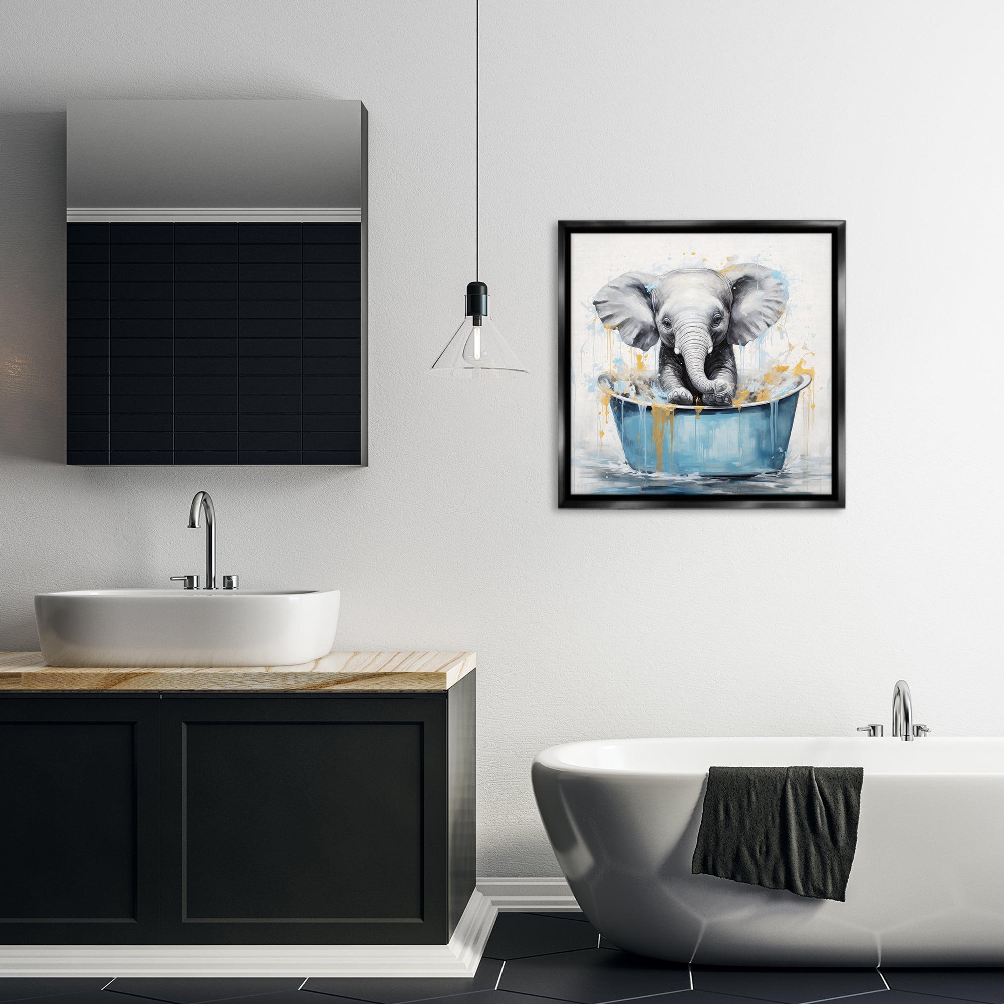 Stupell Industries Bathing Baby Elephant Typography Painting Black Floater Framed Canvas Art Print Wall Art, 25 x 25