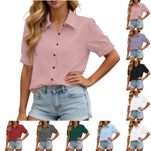 Tqcoqu Shirts for Women Puff Sleeve Button Down Summer Casual Fit Blouses Collared Work Tops,Army Green,Women's S-XXL