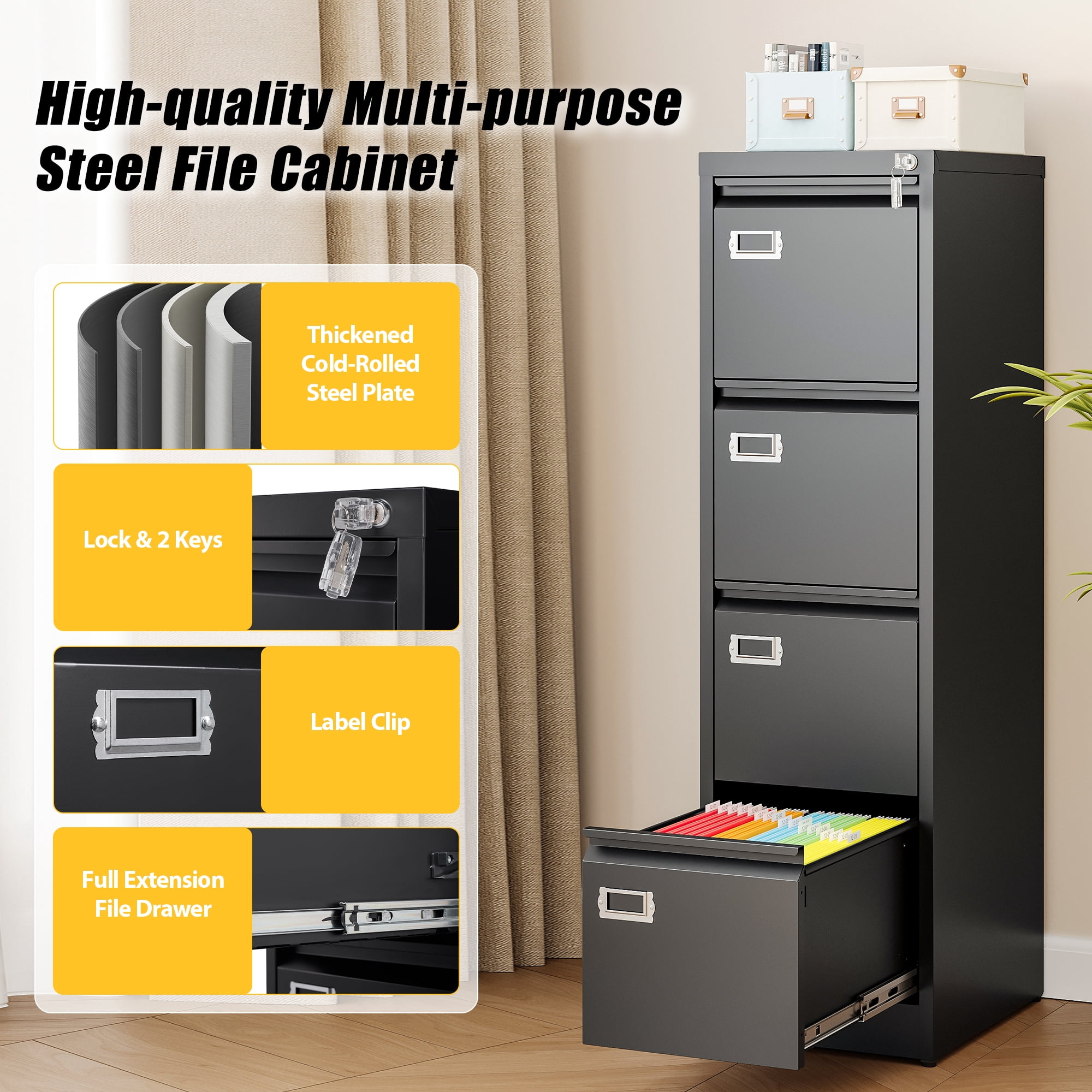 AUHUP 4 Drawer Metal File Cabinet with Lock, Black Vertical Filing Storage Cabinet for Home Office