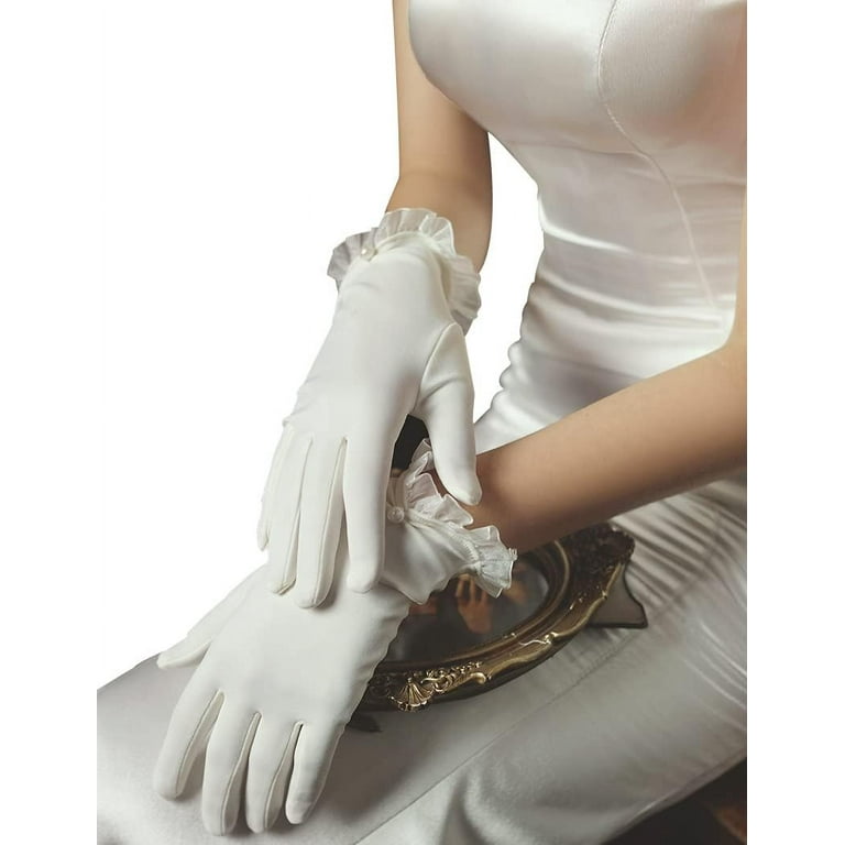 Zhengup Ivory Short Satin Gloves Ruffle Floral Lace with Pearls Opera Tea  Evening Party Gloves for Women Formal - Walmart.com