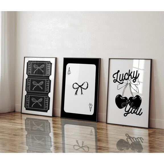 Luvia Trendy Set Of 3 Bow Set Coquette Art Cherry Black And White Retro Art Above Bed Decor, Modern Wall Decor Set 3 Prints 8x12 UNFRAMED