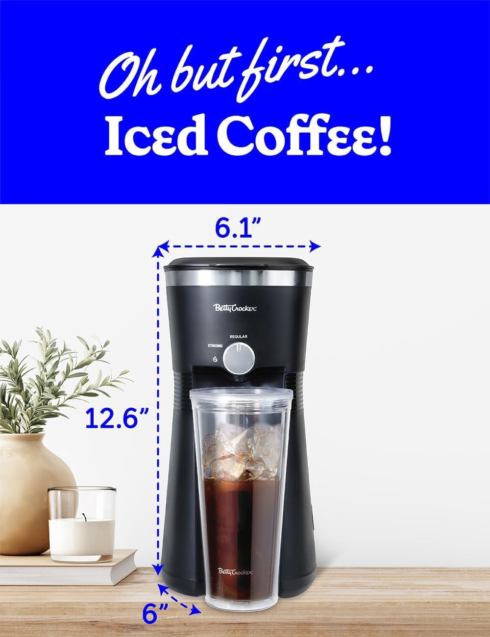 Betty Crocker Coffee Maker for Iced & Hot Brew, Brews in 4 Minutes, Compact Iced Coffee Machine with Chrome Accents, Reusable Filter, BPA-Free 20-Oz Tumbler & Straw, BC-4869B, Black