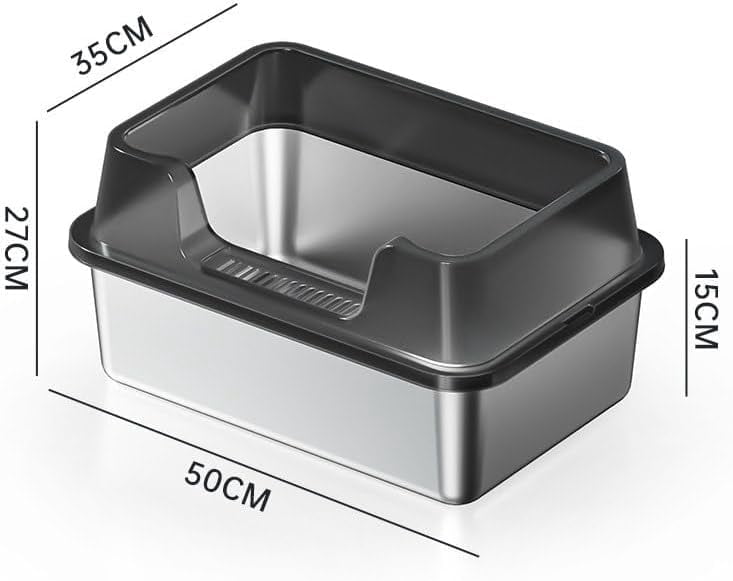 Stainless Steel Cat Litter Tray, 32L Extra Large Litter Box with High Detachable Enclosure, Non-Sticky Easy to Clean for All Cats, Odour-Resistant Leak-Proof 50x35x27cm - Black