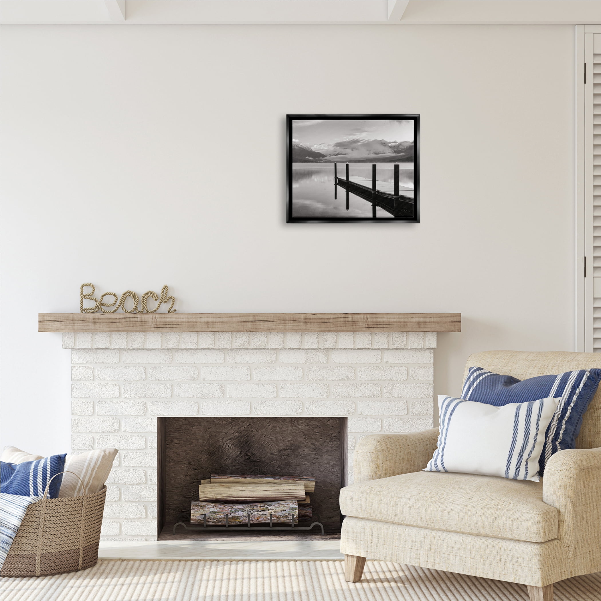 Stupell Industries Lakeside Mountain Dock Nature Photography Black Floater Framed Art Print Wall Art, 21 x 17