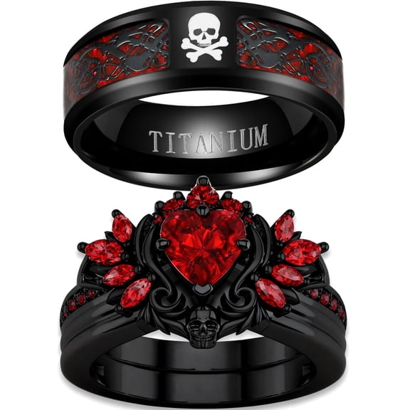 Couple Rings Matching Rings Black Wings Skull Ring 1.5ct Red CZ Womens Wedding Ring Sets Punk Ring