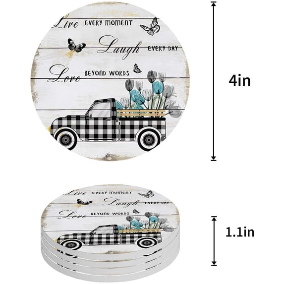 KXMDXA Black Plaid Truck with Farm Tulips Inspirational Quote Wood Grain Set of 8 Round Coaster for Drinks, Absorbent Ceramic Stone Coasters Cup Mat with Cork Base for Coffee Table Bar Decor