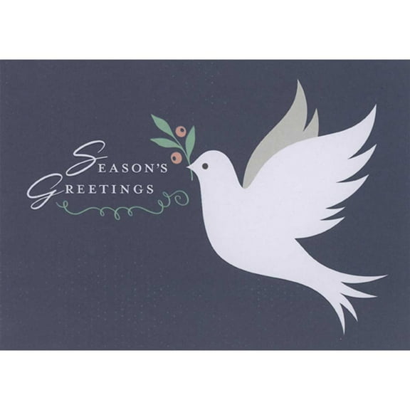 Designer Greetings Season's Greetings White Dove with Holly on Dark Blue Background Box of 15 Religious Christmas Cards