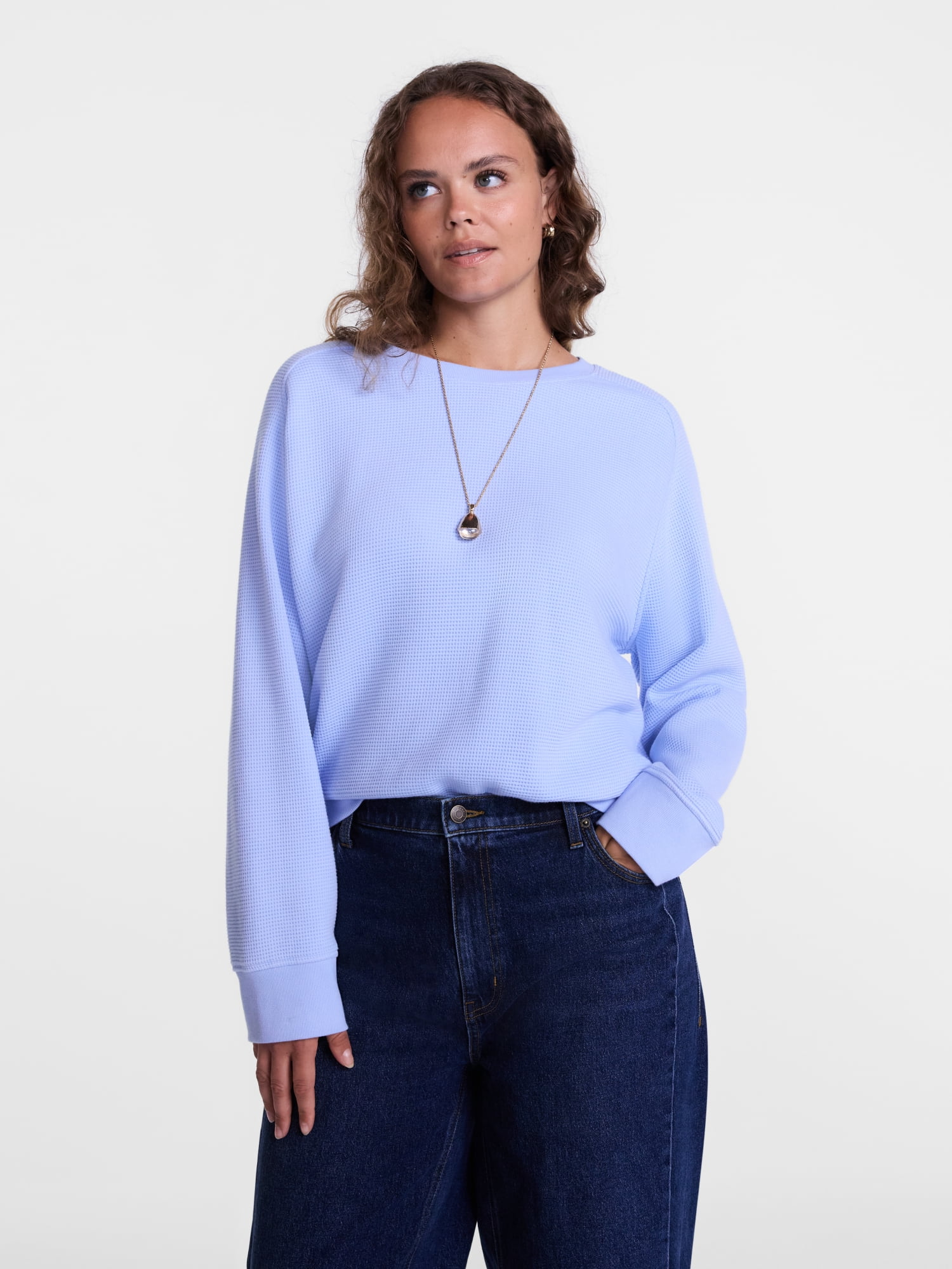 Scenario Women's Waffle Knit Crewneck Tee with Long Sleeves, Sizes XS-XXXL