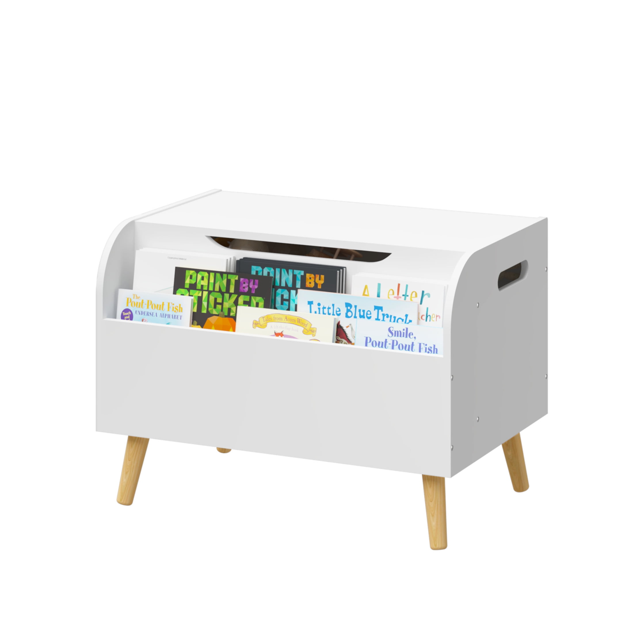 Noble House Rhoda 24" Kids Wooden Toy Box with Front Bookshelf, Flip-Top Bench Storage Chest, Playroom, White