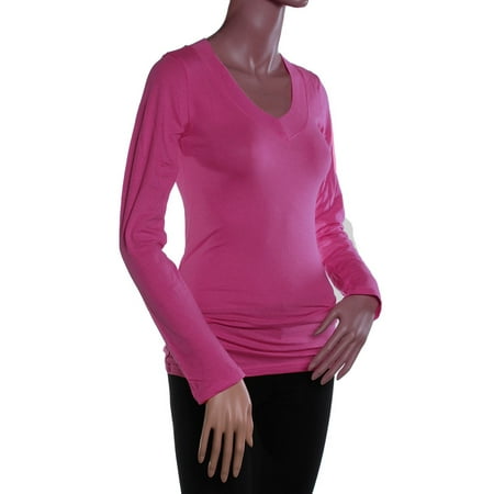 Banded V-neck Top - Emmalise Clothing Women's Cotton Blend Wide Band V-Neck Long Sleeves Top Shirt - Fushia, 3XL