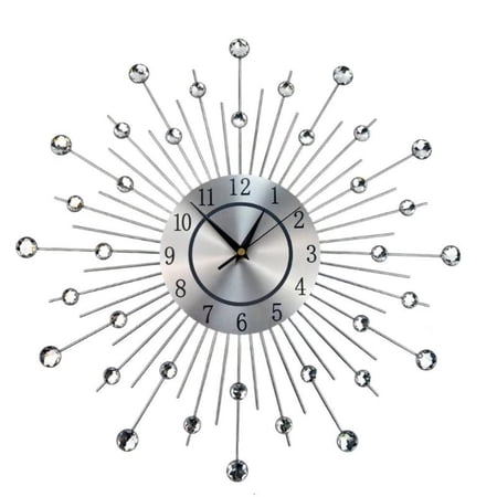 Metal Starbursts Large Wall Clock with Sparkling Silver Crystal Studded Quiet Movement For Living Room Bedroom Decors