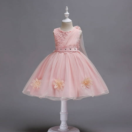 

jsaierl Toddler Girls Net Yarn Embroidery Flowers Mesh Birthday Party Gown Long Dresses