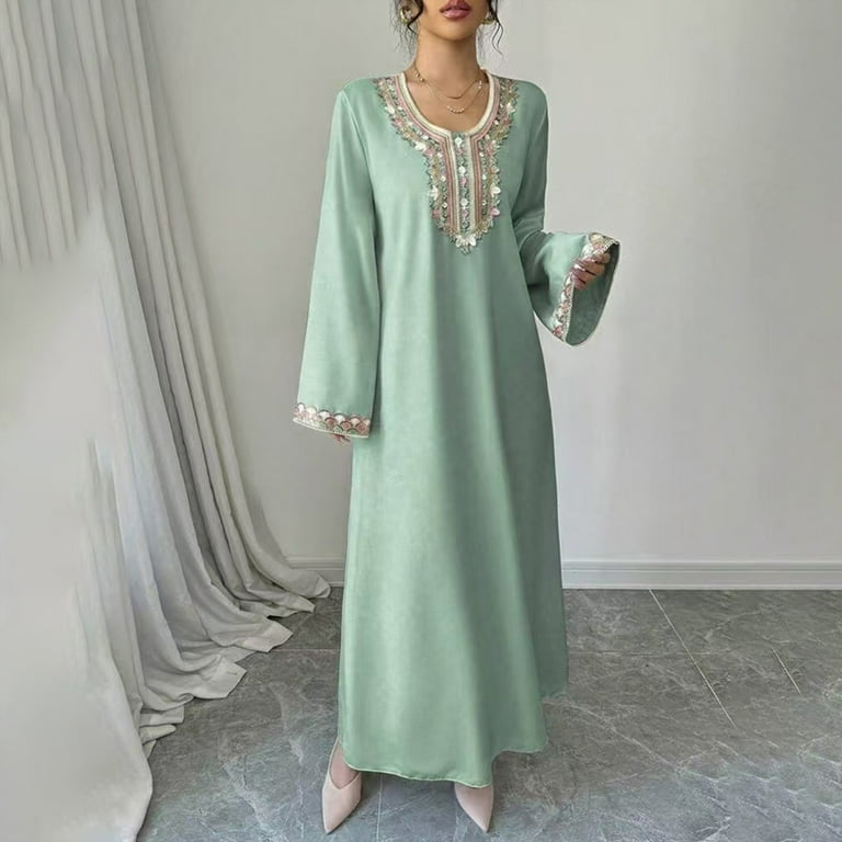 MORTTIC Women's Middle Eastern Embroidered Maxi Dress - Long Sleeve Loose  Fit Kaftan with Handcrafted Embroidery Flowy Dress for All Seasons -  Walmart.com