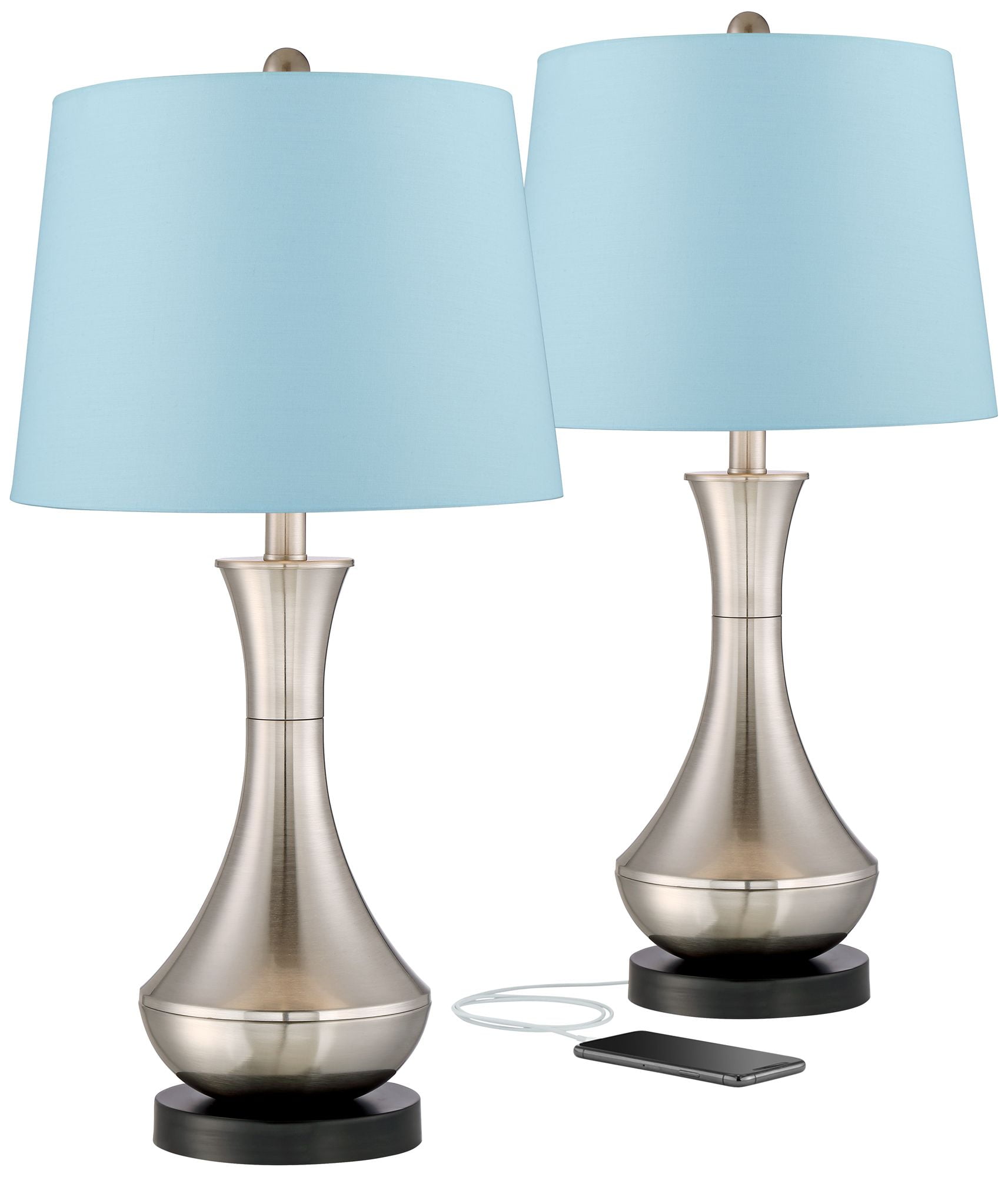Lighting Contemporary Table Lamps 25.5" High Set of 2 with USB Charging Port Brushed Nickel Metal Blue Hardback Shade Living Room Bedroom - Walmart.com