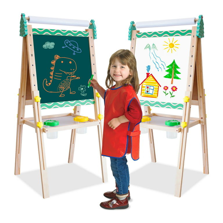 Kids Easel with Paper Roll Wooden Art Easel with Chalkboard
