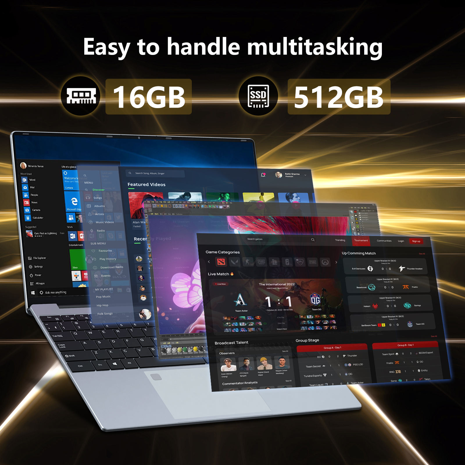 KUU 15.6" Laptop, Windows 11 Pro Laptop Computer, AMD Ryzen 5-7430U, Up to 4.3GHz 16GB DDR4 512GB SSD, Backlit, Fingerprint, Silver