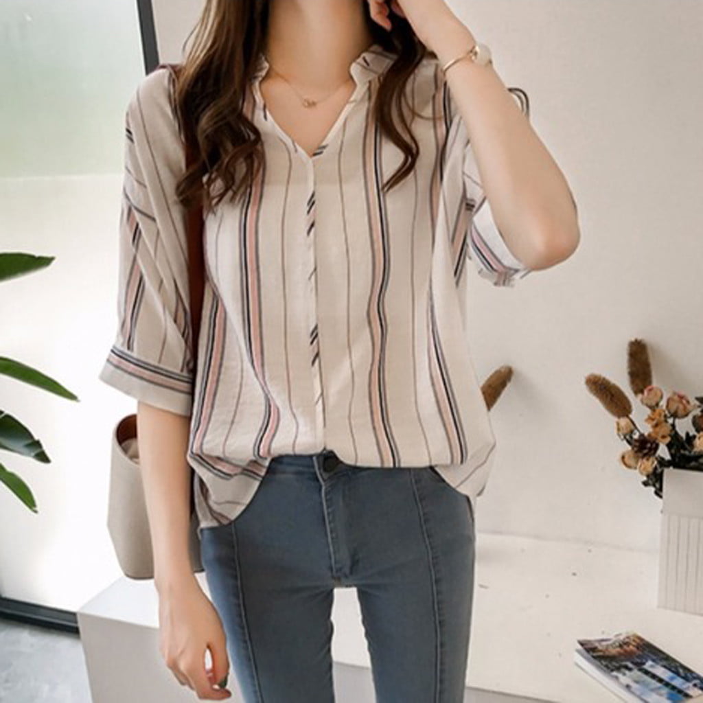 Korean Women Loose Stripe Shirt V Collar Top Bottom Plus Size Casual Slim.Blouse 