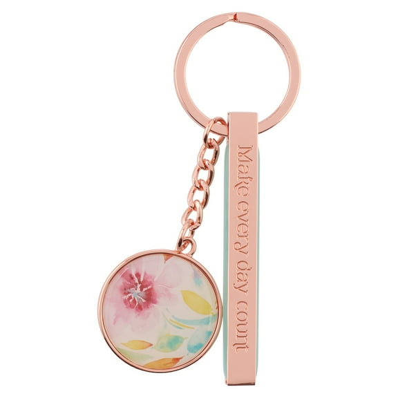 Heartfelt Women's Keychain, Rose Gold Metal w/Floral Pink Daisies Pastel Watercolor Flower Art Design Make Every Day Count Engraved Inspirational Quote Accessory for Her, Split Ring, Keepsake Tin