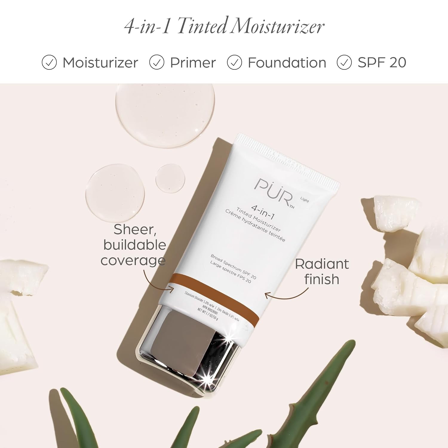 PÜR Minerals 4-in-1 Tinted Moisturizer SPF 20, Hydrating Primer Foundation, Cinnamon