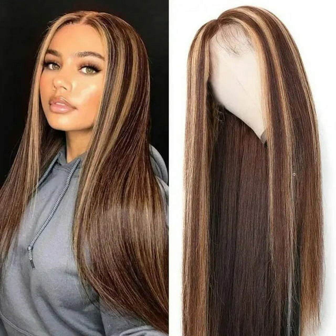 Chmadoxn Long Straight Brown Mixed Blonde Synthetic Wigs for Women Middle Part Highlights Human Hair Wigs,Lace Front Wwigs Human Hair