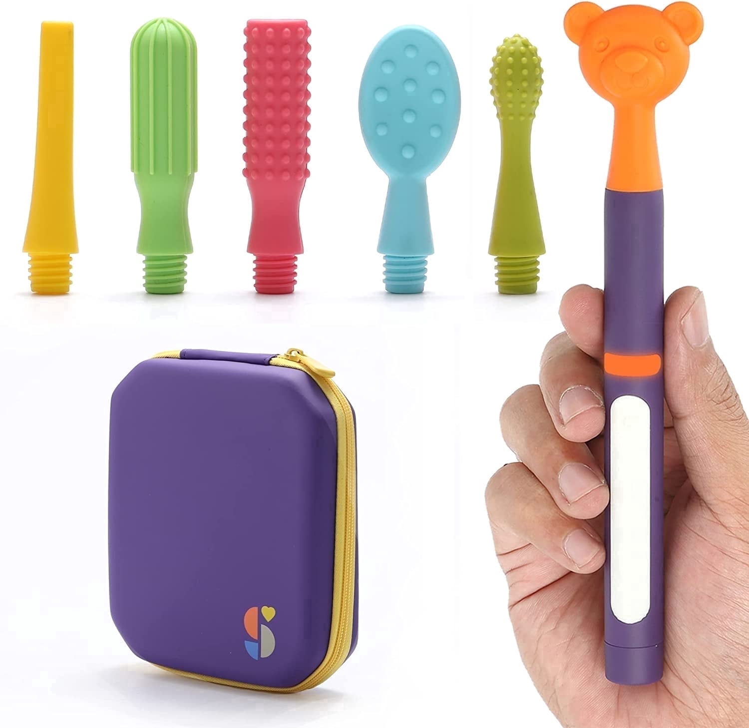 Special Supplies Buzz Buddy Oral Motor Tool - 6 Soft Textured Heads for Speech Support & Self Feeding - Gentle Vibrating Sensory Tool to Calm & Soothe