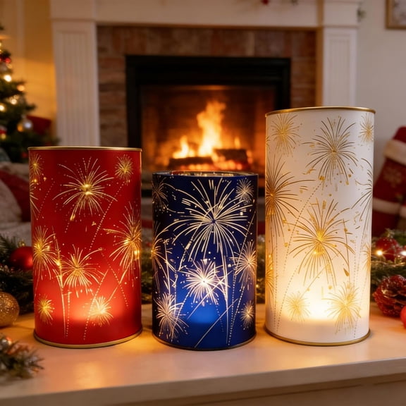 Set of 3 Celebration Hurricanes - Etched Firework Starburst Glass Pedestals with Warm White LED Lights, Twinkling Decorative Centerpiece for Mantel, Dining Table, Wedding & Holiday Decor