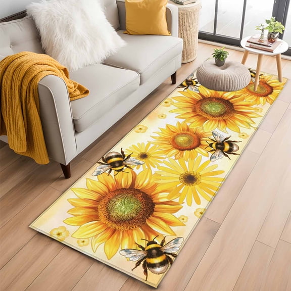 Sunflower 2'x6' Runner Rugs for Hallway Kitchen Bedside Non Slip Washable, Yellow Floral Elegant Flowers Pastoral Entryway Rug Runners with Rubber Backing, Long Carpet Runner for Laundry Room