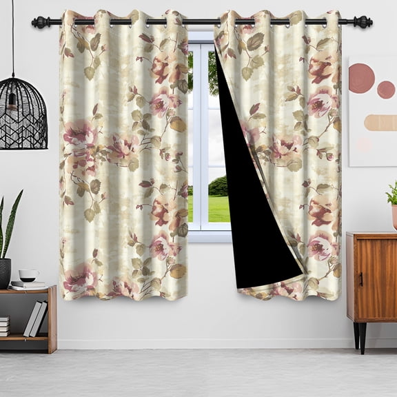 Vintage Floral Blackout Curtain Set of 2 Panels Retro French Rose Print Thermal Insulated Window Curtains Drapes for Living Room,42x63 inch